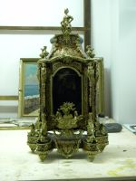 b(2) orologio intarsiato legno,madreperla e ottone, dopo il restauro